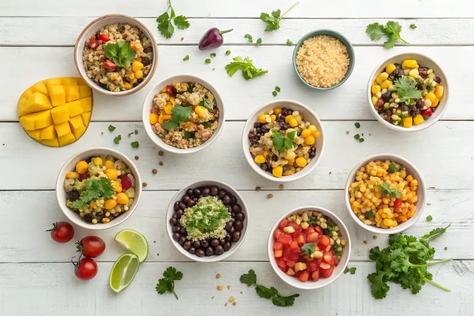 10 colorful dense bean salad variations arranged in bowls