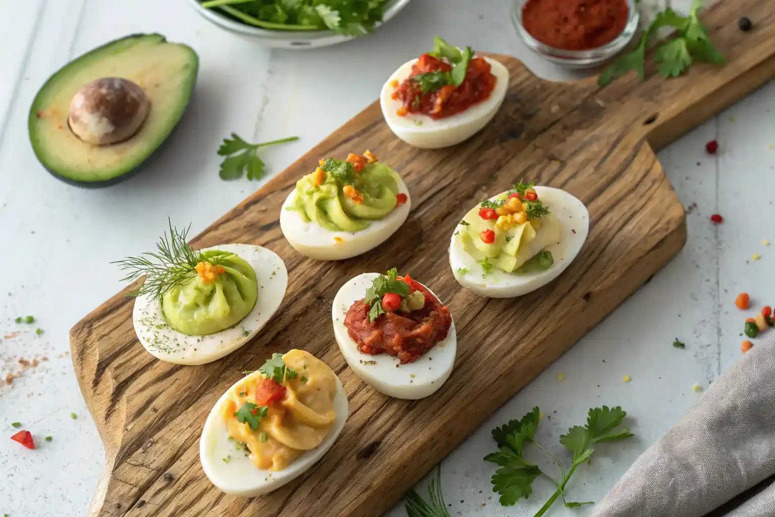 TikTok egg flight with colorful deviled egg toppings on board