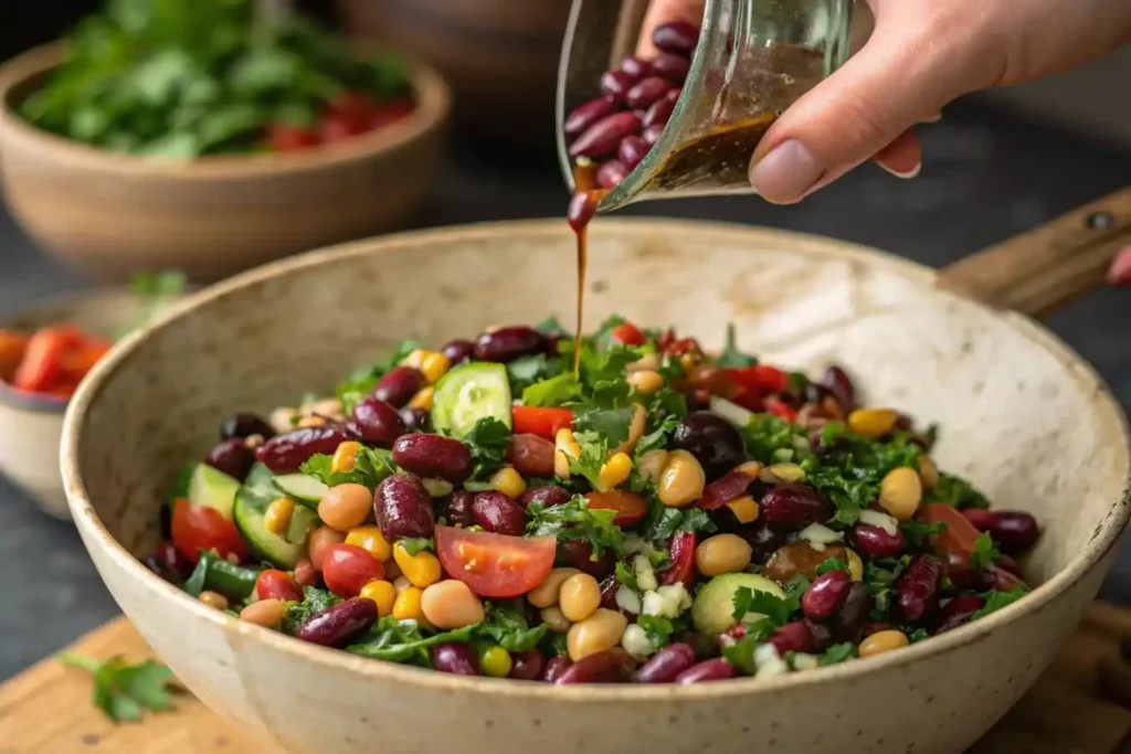 Tossing Mediterranean dense bean salad with dressing