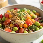 Vegan protein dense bean salad with tahini and hemp seeds