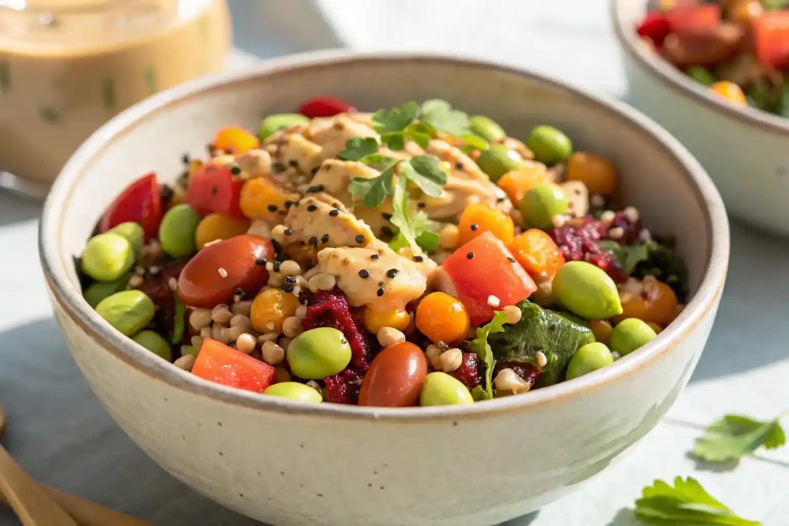Vegan protein dense bean salad with tahini and hemp seeds