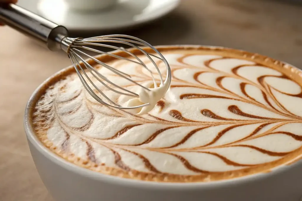 Whipping cloud coffee foam in mixing bowl