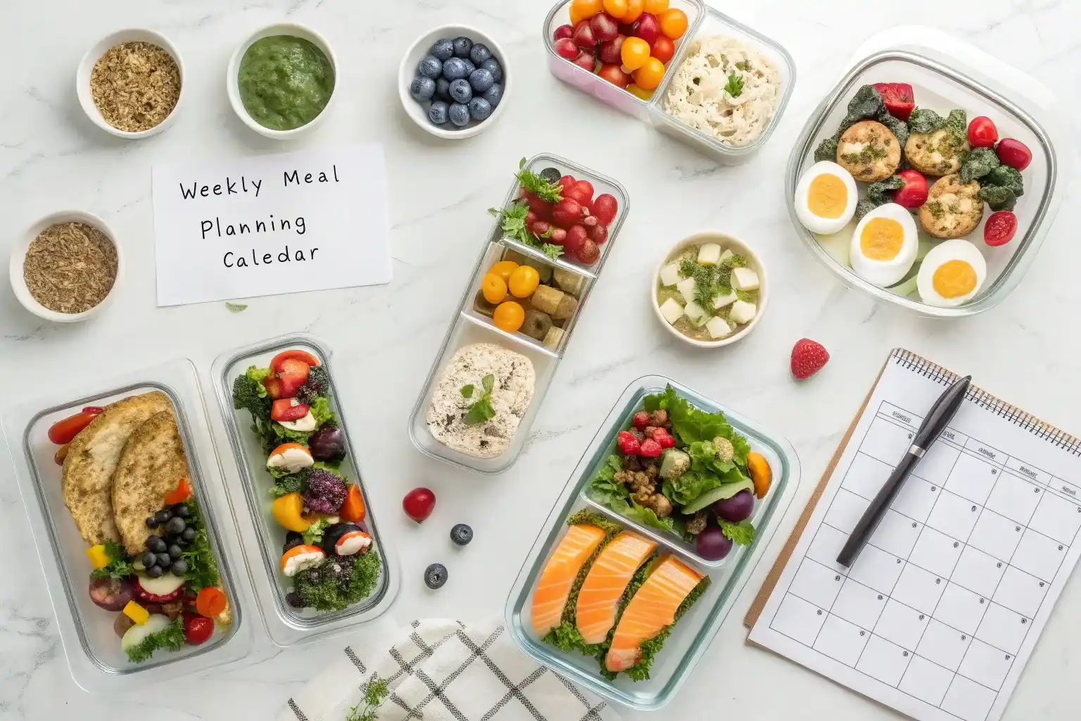 7 day weight loss meal prep plan with healthy containers, shopping list and fresh ingredients arranged on marble counter