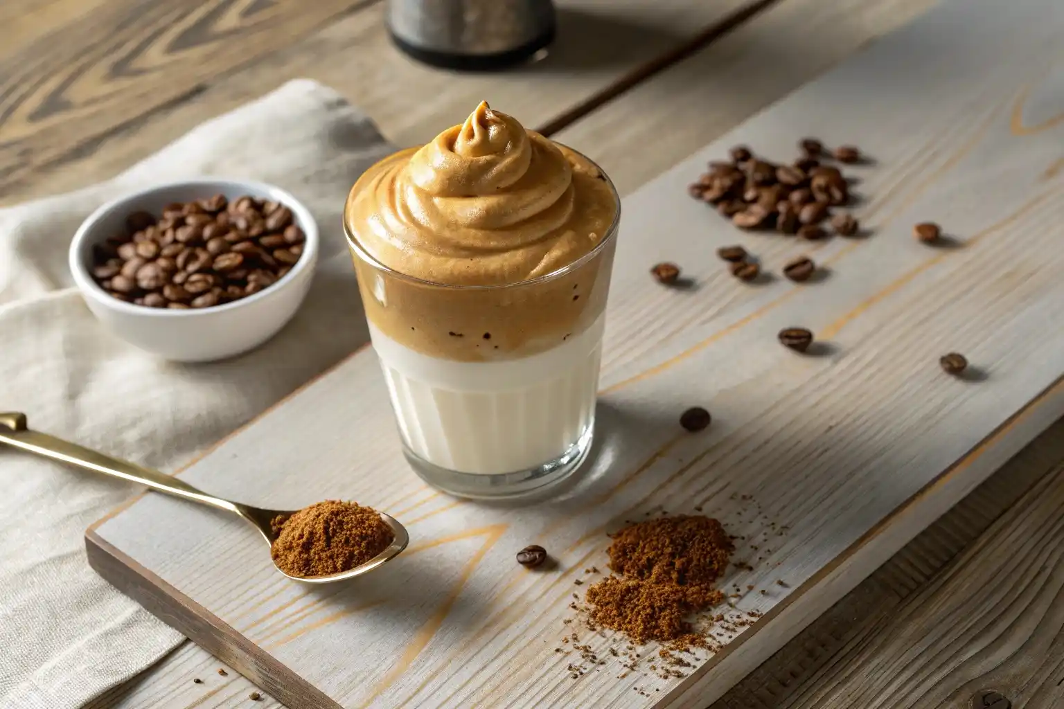 Fluffy whipped coffee cloud on top of iced milk in a glass cup