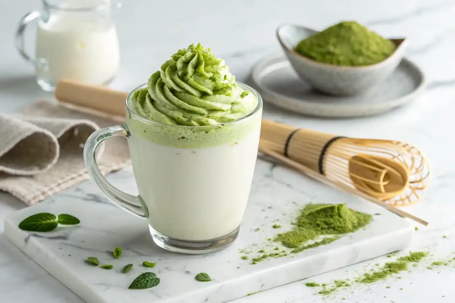 Matcha cloud latte with fluffy green foam on top of milk in clear glass