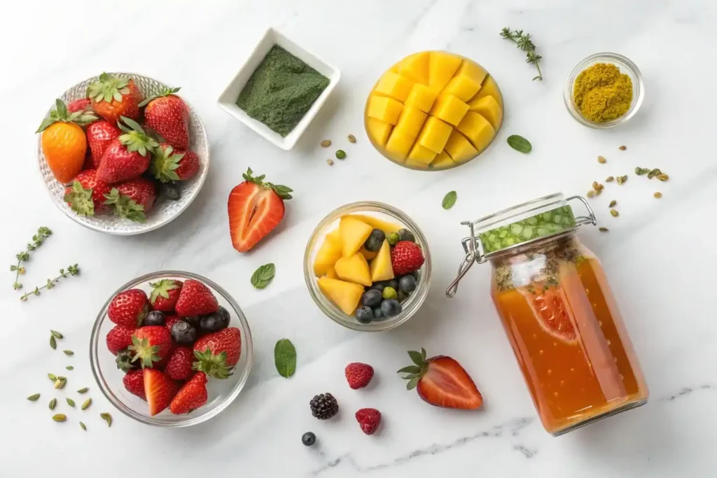Ingredients for homemade Taco Bell Agua Refrescas including green tea bags, freeze-dried fruit, simple syrup, and fresh fruit on marble background