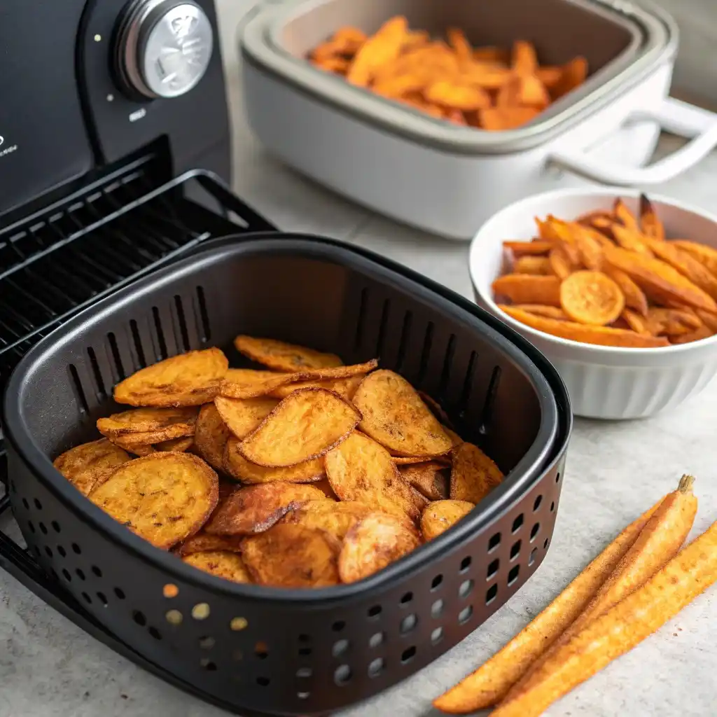 Air fryer basket with crispy vinegar carrot chips showing golden-brown caramelized edges