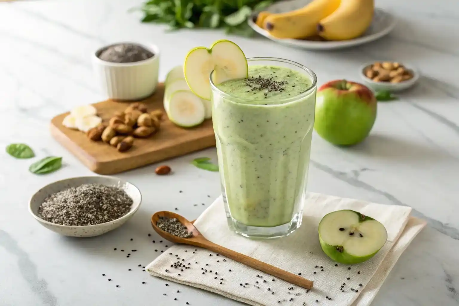 Bariatric chia smoothie in glass with fresh apple, banana and ginger ingredients for weight loss
