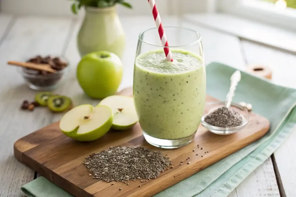 Finished bariatric chia smoothie recipe in glass with visible chia seeds for post-surgery weight loss