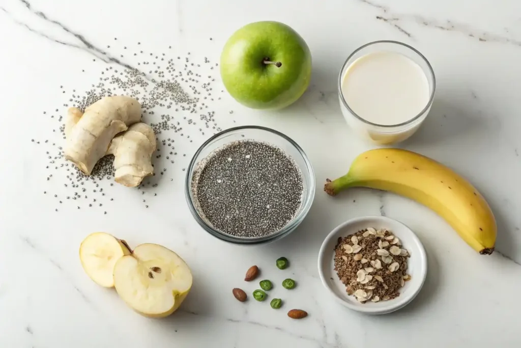 Bariatric chia smoothie ingredients including soaked chia seeds, apple, banana, ginger and almond milk