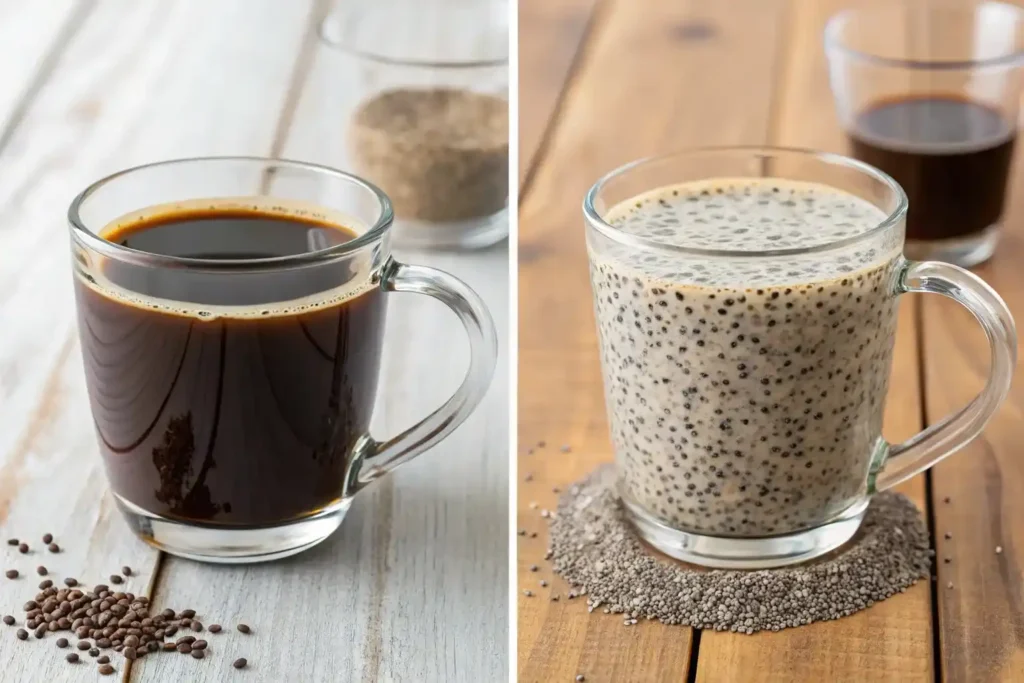 Before and after comparison of bariatric seed coffee showing plain coffee versus seed-enhanced drink"