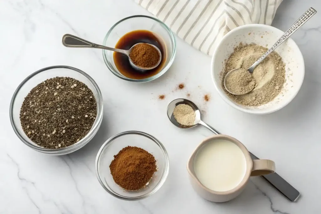Bariatric seed coffee recipe ingredients layout showing chia seeds, flax, coffee, cinnamon and almond milk preparation