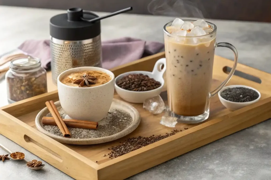 Three variations of bariatric seed coffee recipe: hot, iced, and protein-enhanced versions