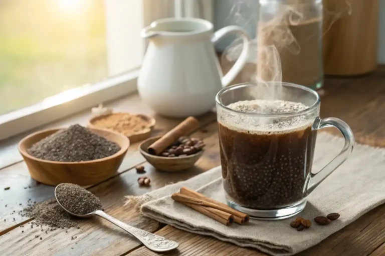 Bariatric seed recipe in coffee with visible chia seeds, cinnamon and almond milk for post-surgery nutrition