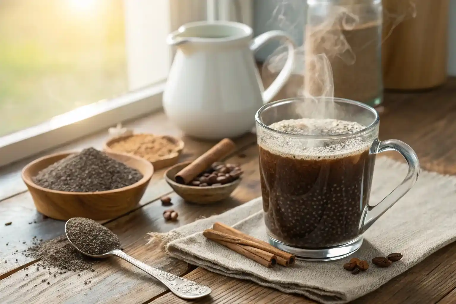 Bariatric seed recipe in coffee with visible chia seeds, cinnamon and almond milk for post-surgery nutrition