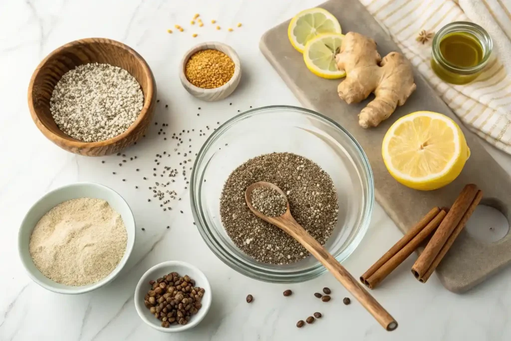 Bariatric seed weight loss recipe ingredients including soaked chia seeds, flaxseed, ginger, lemon and cinnamon
