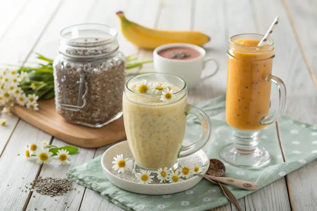 Three variations of bariatric seed weight loss recipe: classic drink, herbal tea version, and smoothie adaptation