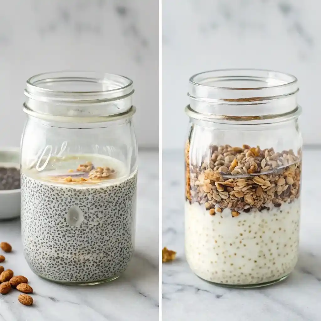 Before and after transformation of bariatric seed trick recipe showing seed expansion and gel formation