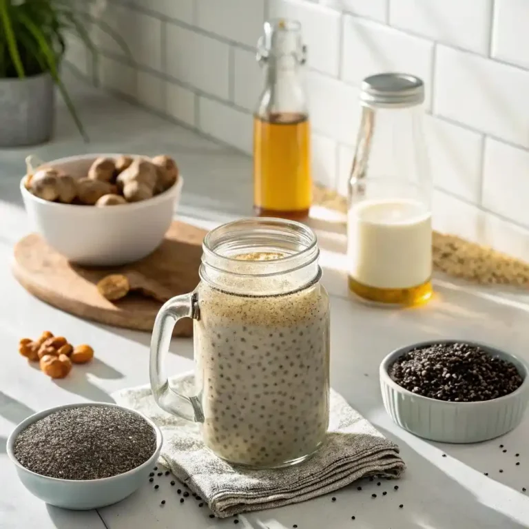 Bariatric seed trick recipe in mason jar with chia seeds, flax, ginger and coconut milk for post-surgery nutrition