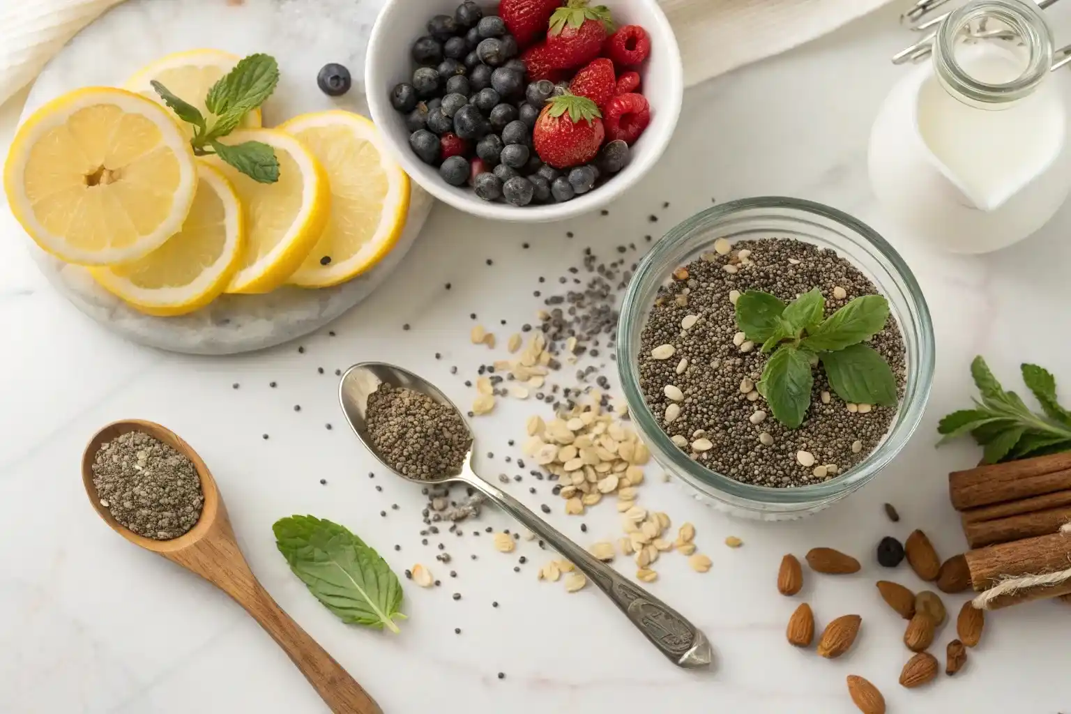 Complete bariatric seed trick recipe setup with main drink and three flavor variation ingredients