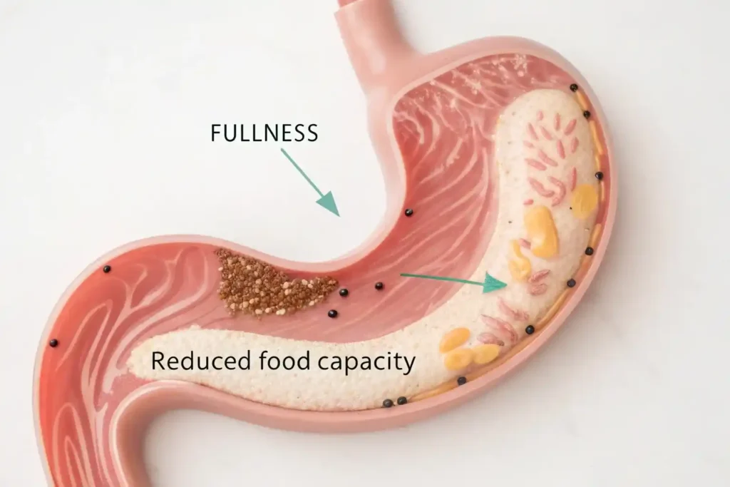 Diagram showing how expanded seeds work in the stomach for the bariatric seed trick