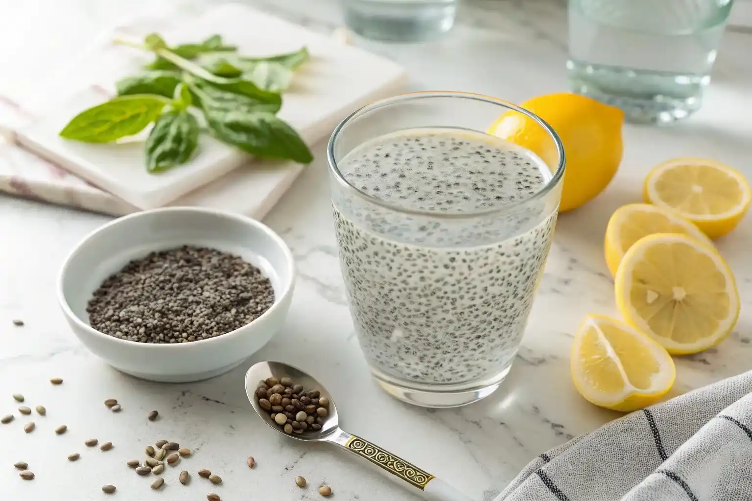 Glass of expanded basil seeds in water for bariatric seed trick weight loss method