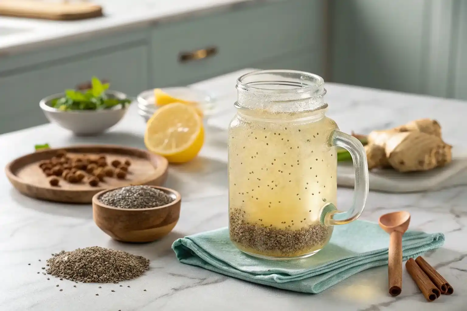 Bariatric seed weight loss recipe in mason jar with chia seeds, flax, ginger and lemon for post-surgery suppor