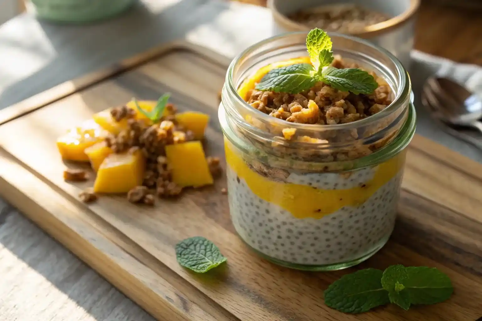 Basil seed pudding with mango and granola in a glass jar