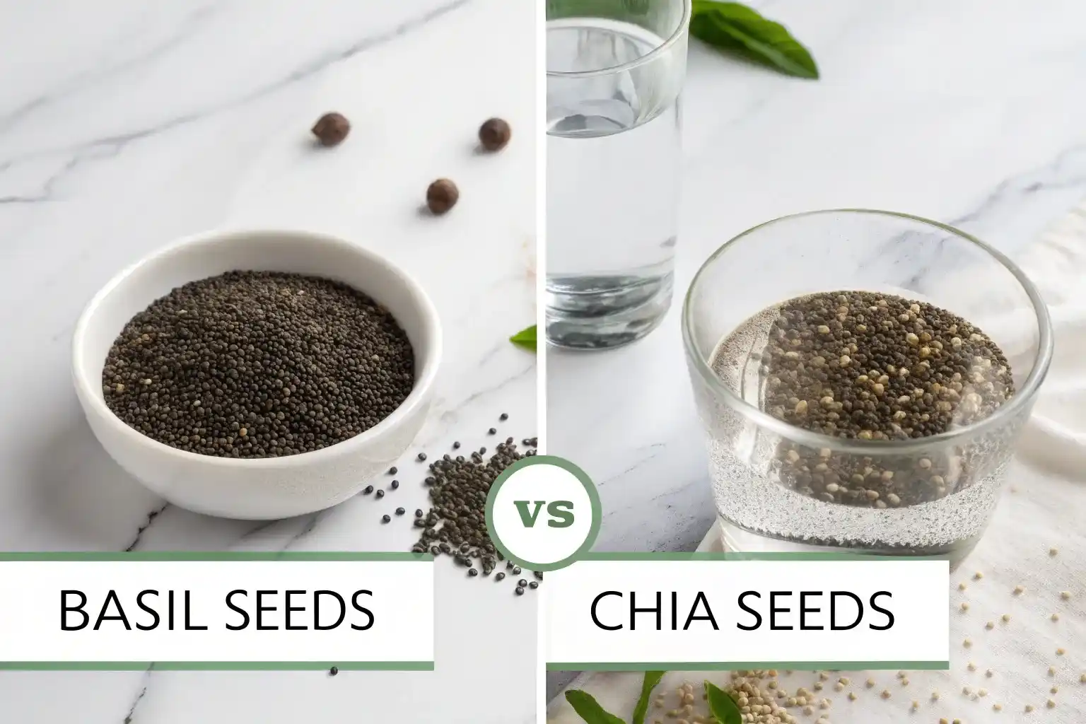 Detailed comparison table showing nutrition facts and differences between basil seeds and chia seeds