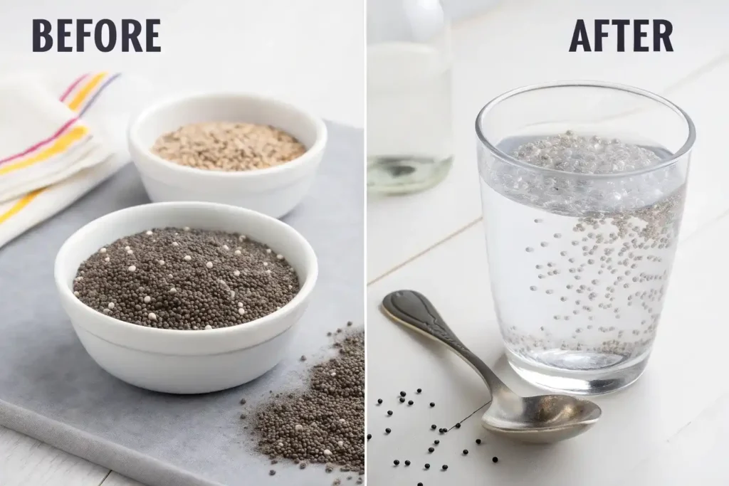 Before and after comparison showing how basil seeds expand in water for weight loss