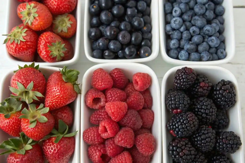 Assortment of fresh summer berries: strawberries, raspberries, blueberries, blackberries.