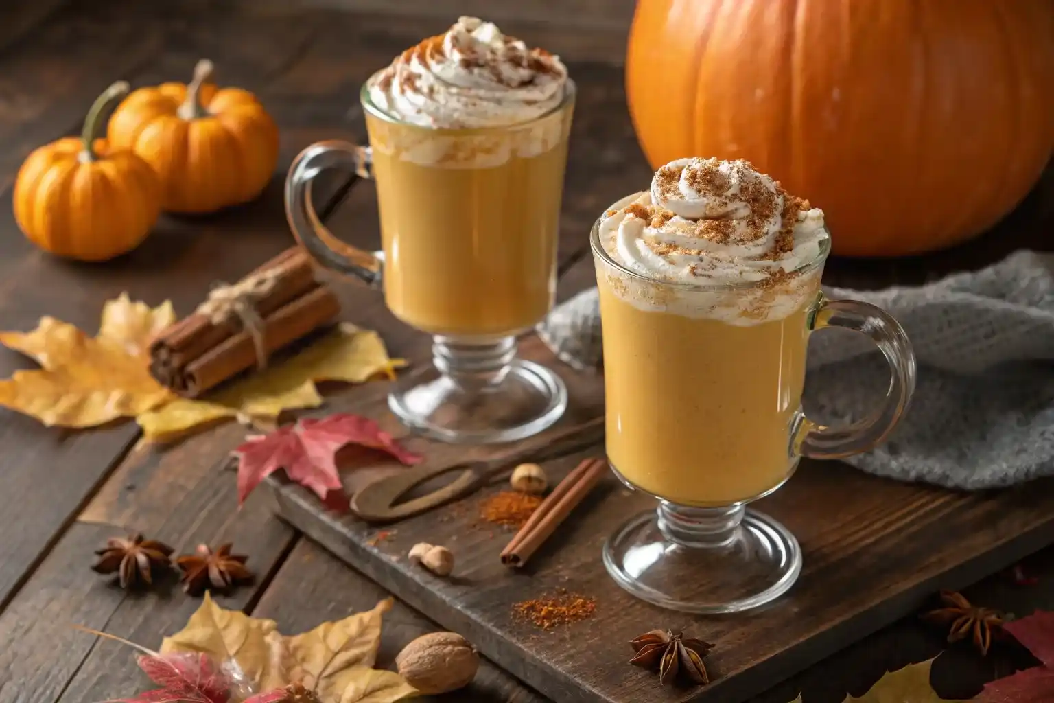 Two homemade pumpkin spice lattes with whipped cream in glass mugs with fall decorations