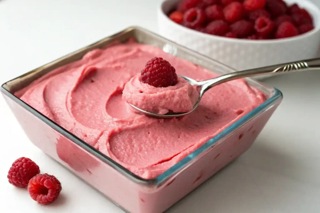 Classic raspberry mousse with a creamy texture.