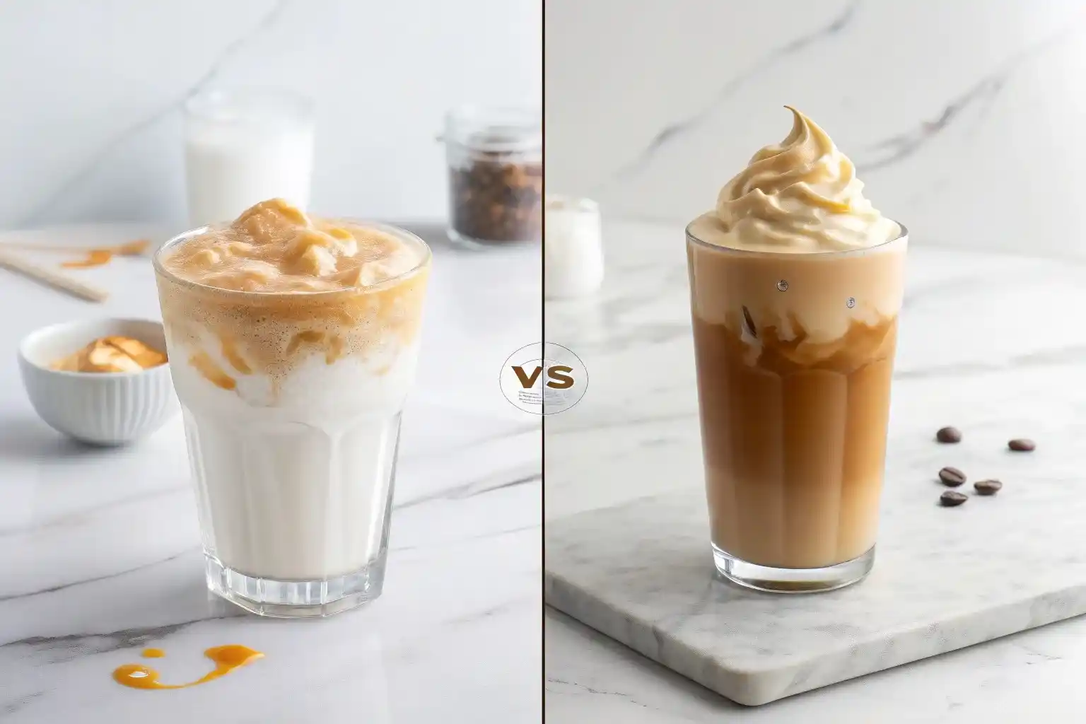 Side by side comparison of cloud coffee Dalgona and nitro cold brew showing visual differences