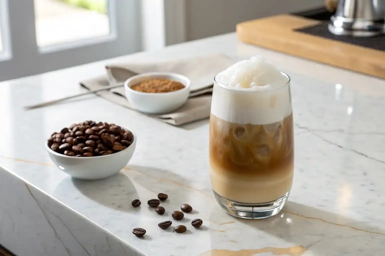 A glass of homemade cloud coffee with a thick, fluffy foam top