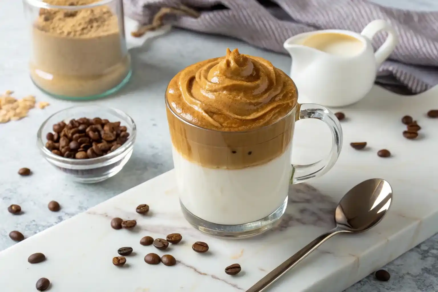 Cloud coffee with whipped instant coffee foam on top of milk in clear glass mug