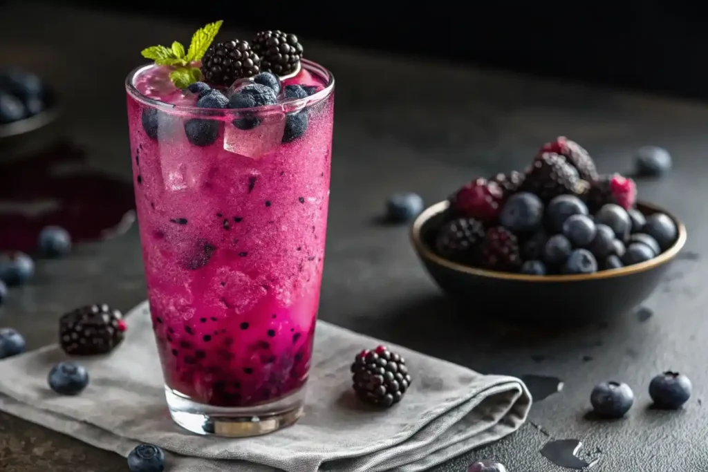Finished Dragonfruit Berry Refresca in tall glass with purple-pink color, freeze-dried berries floating, fresh berry garnish"