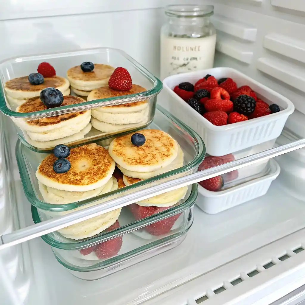 Meal prep containers filled with Kodiak cottage cheese pancakes for weekly breakfast planning