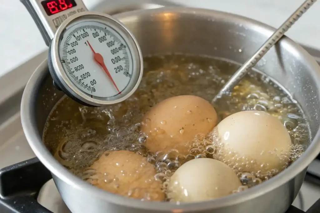 Home pasteurization of eggs using a thermometer in a water bath.