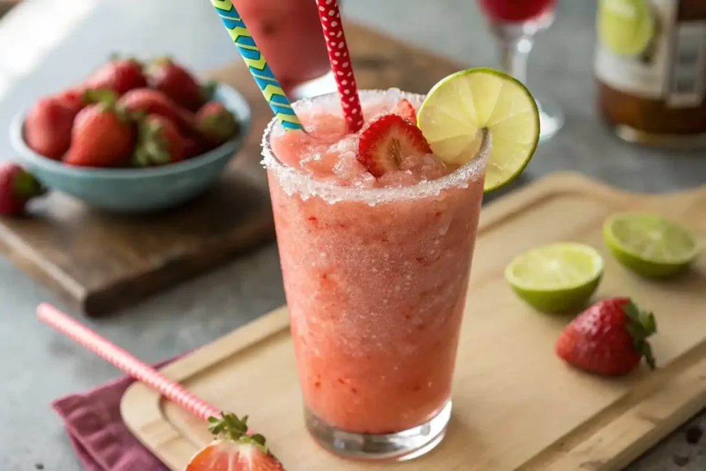 Finished Strawberry Lime Refresca Freeze showing perfect slushy texture with freeze-dried strawberry pieces, served in chilled glass with straw and lime garnish