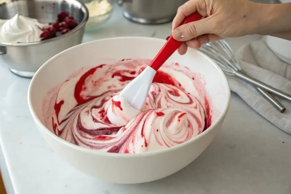 Folding raspberry syrup into meringue for spuma.