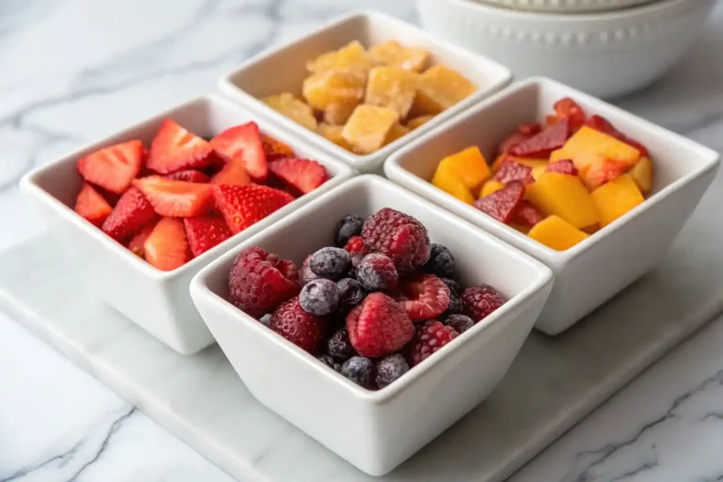 Various freeze-dried fruits for Agua Refrescas including strawberries, berries, mango, and peach pieces in small bowls