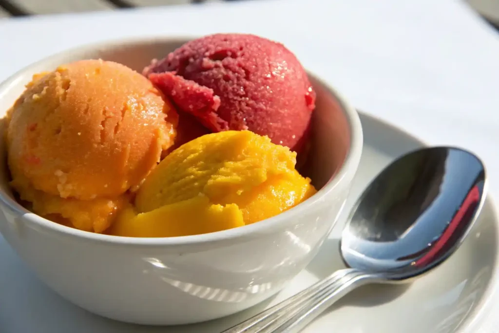 Refreshing mango fruit sorbet in a bowl.