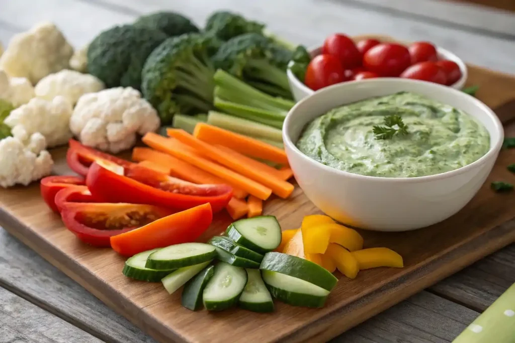 Healthy things to dip in spinach dip including fresh vegetables and colorful peppers