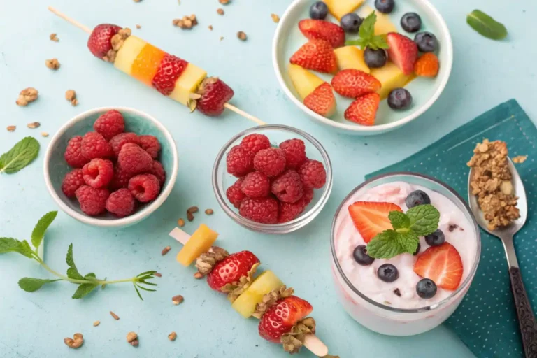 Assortment of healthy summer desserts including raspberry spuma.