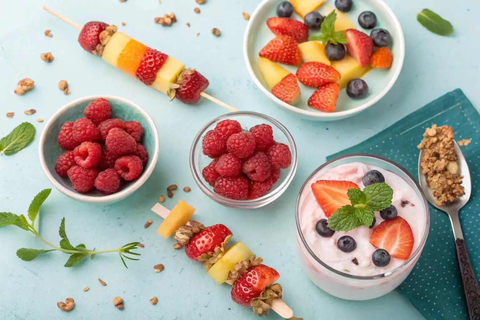 Assortment of healthy summer desserts including raspberry spuma.