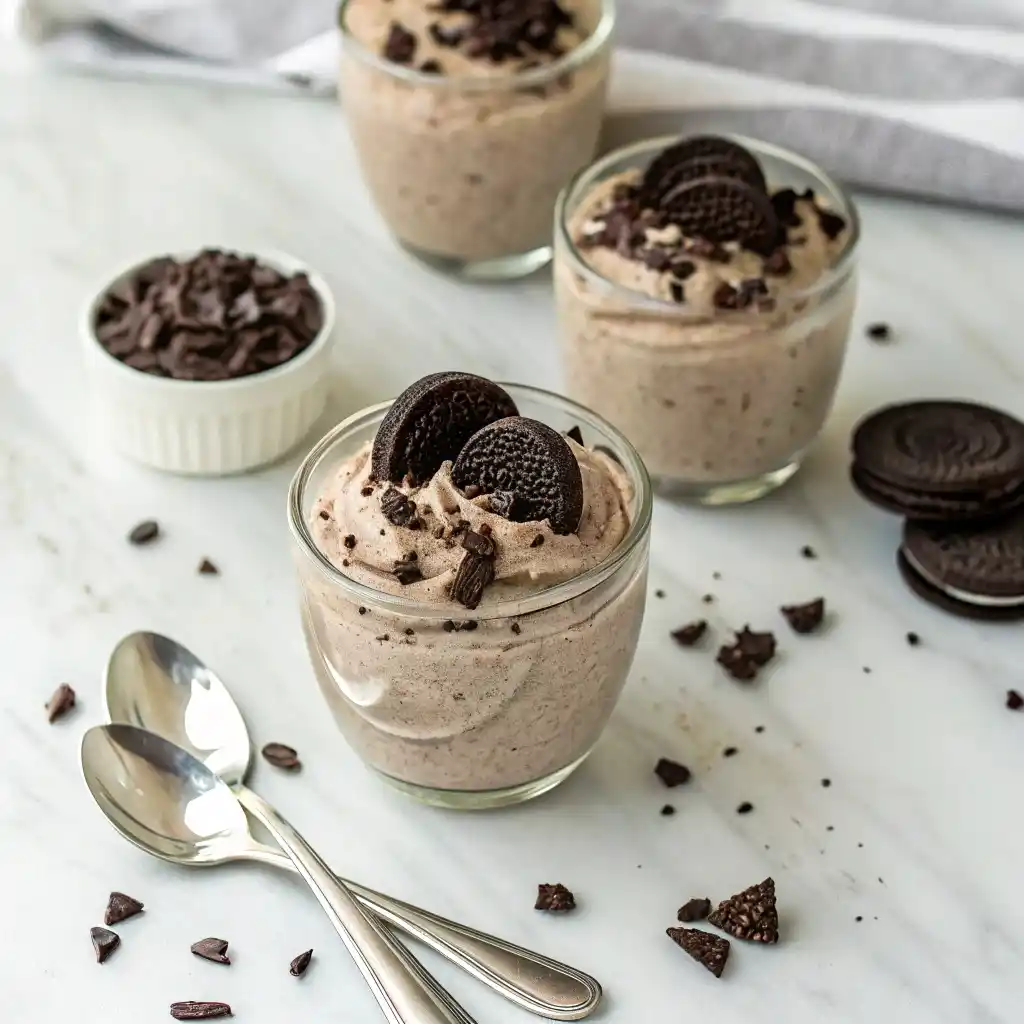 Portioned servings of high protein Oreo fluff in individual dessert cups ready to serve