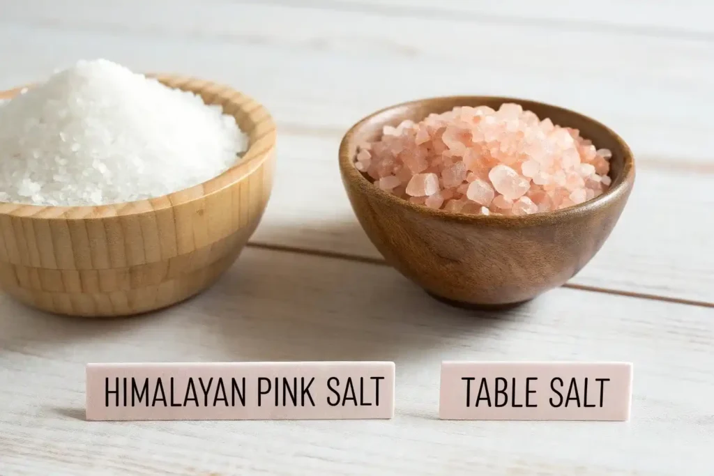 Himalayan pink salt vs table salt comparison showing mineral-rich pink crystals next to refined white salt