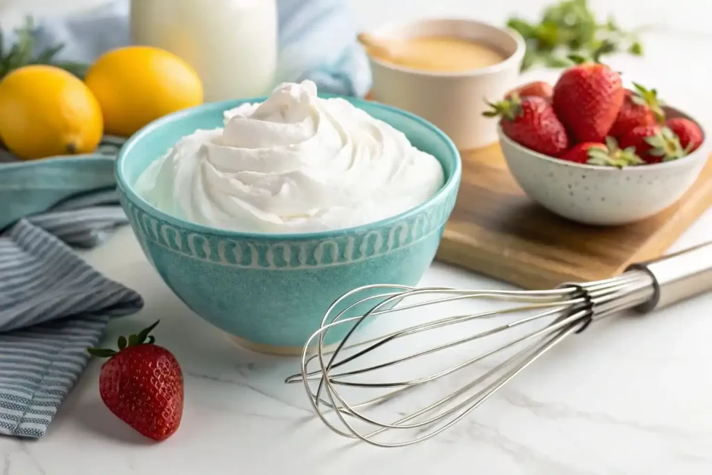 Whipped aquafaba in a bowl, a vegan egg substitute.