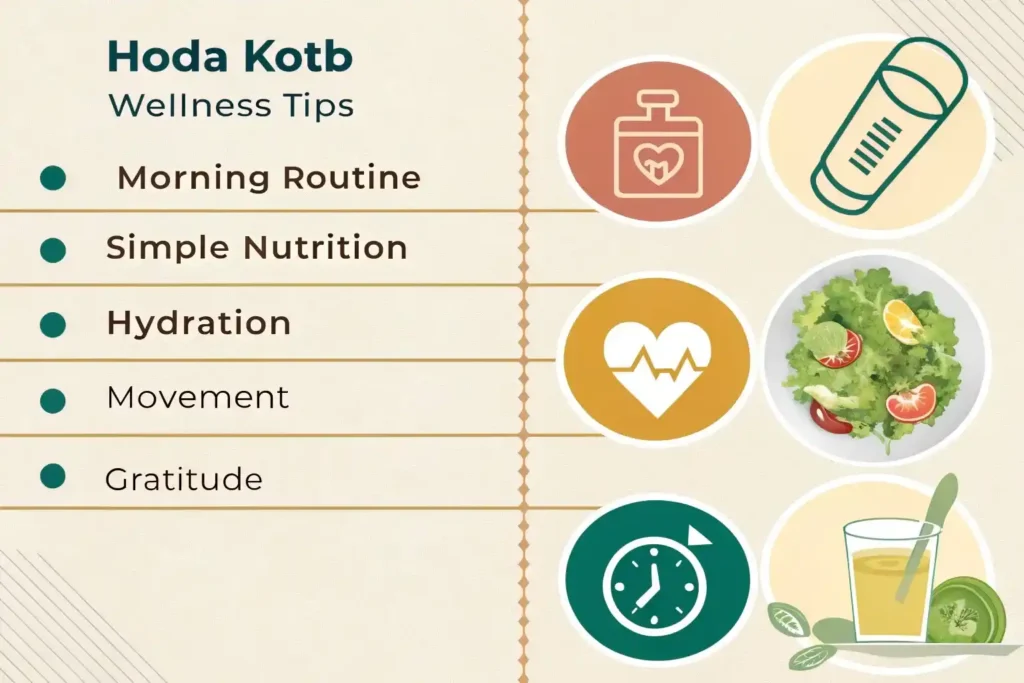 Infographic showing 5 key wellness tips you can learn from Hoda Kotb's healthy lifestyle